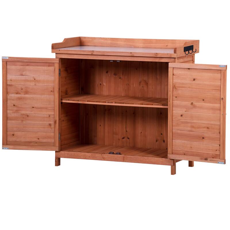 Patio Garden Potting Bench Table, Outdoor Garden Wooden Storage, Patio Workstation with 2-Tier Shelves and Side Hook