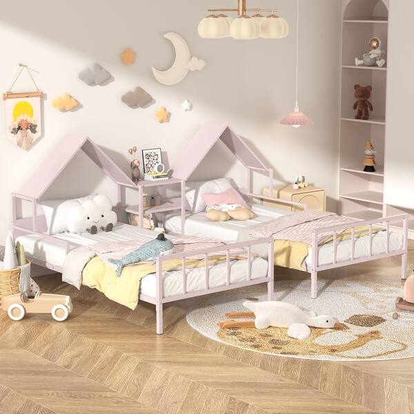 slide 2 of 7, Metal Double Twin Size Platform Bed with House Headboard and Nightstand Pink