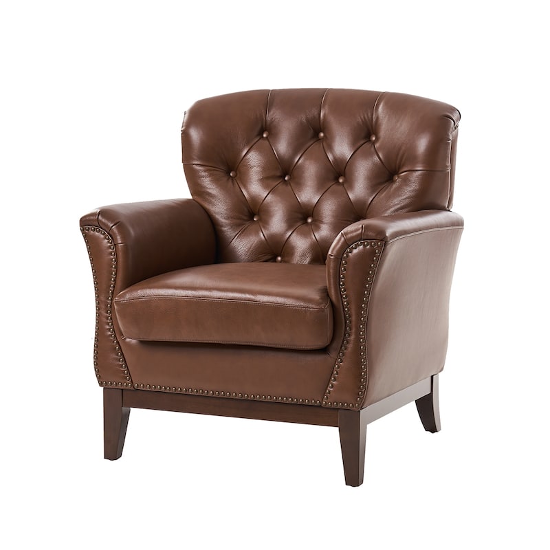 Burt Traditional Genuine Leather Accent Chair with Tufted Wing Back by HULALA HOME