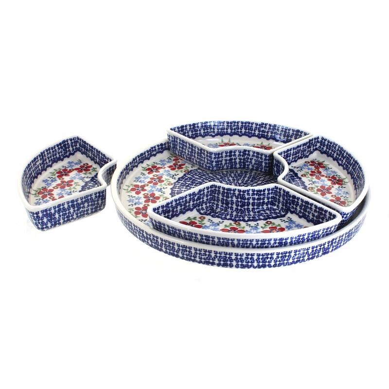 Blue Rose Polish Pottery N008 Manufaktura Tray with 4 Plates