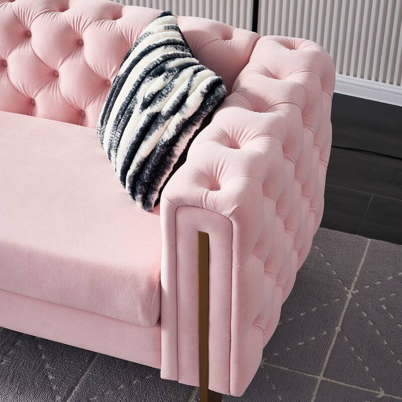 Velvet Tufted Sofa with Gold Metal Legs & Toss Pillows - 84" Width