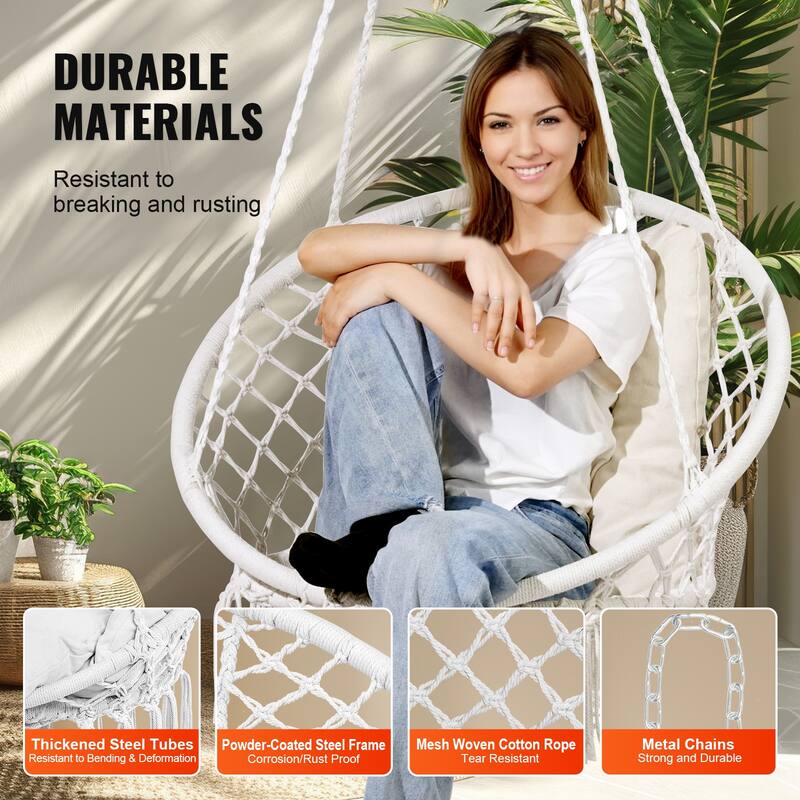 Hanging Hammock Swing Chair, Macramé Hanging Chair with Cushion and Mounting Hardware, Cotton Rope Swing Chair