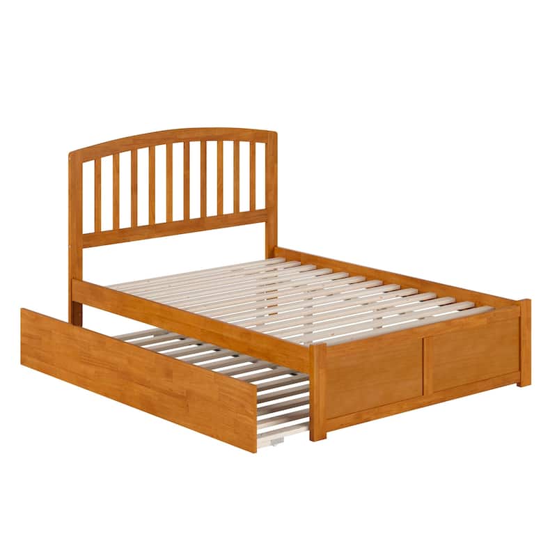 Solid Wood Platform Bed with Trundle - Full Size Bed Frame & Footboard - Light Toffee Finish
