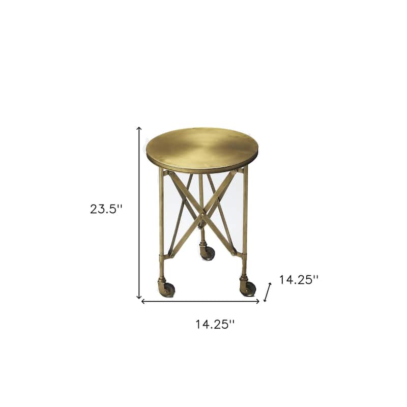 HomeRoots 24" Antiqued Gold Iron Round Rolling End Table - 14.25 in. x 23.5 in. x 14.25 in.