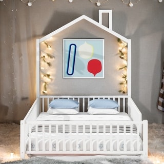 Full Size Sturdy Metal House Floor Bed with Guardrail, No Included Slats