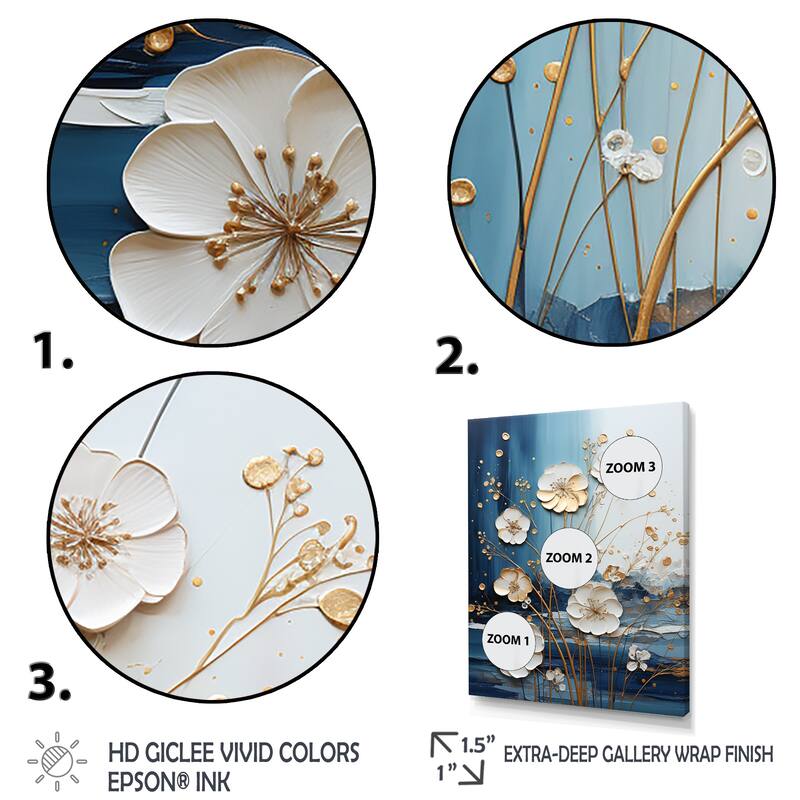 Designart "White And Blue Flower Liquid Ink V" Flowers Wall Décor White - Traditional Canvas Wall Art For Home