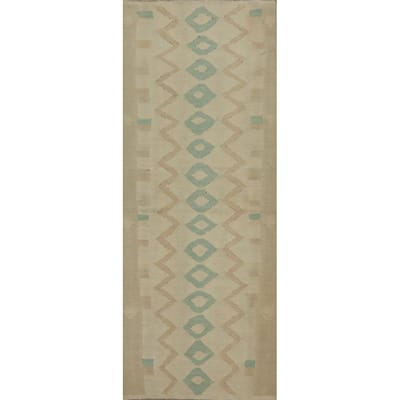 Hand Woven Oriental 100% Wool Carpet Southwestern Tribal Beige & Ivories Kilim Runner Rug - 5' 8'' X 2' 0''