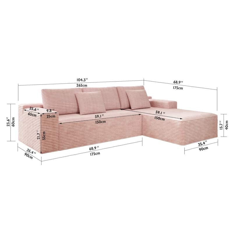 L-Shape Modular Sectional Sofa with Chaise Lounge, Oversized Corduroy Upholstered Cloud Couch, Compressed Deep Seat Corner Sofa