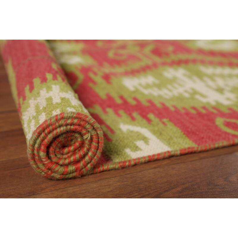 Kilim Oriental Area Rug Flatweave Geometric Pink Wool Carpet - 8'0"x 10'11"