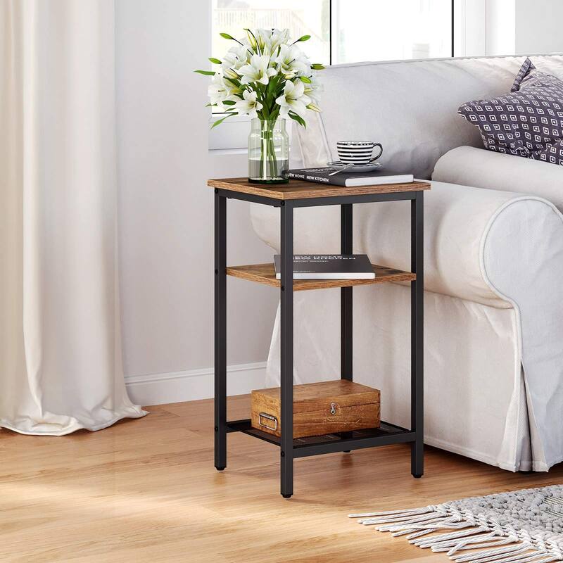 End Table Set of 2, 3-Tier Nightstands, Side Table for Small Space in Living Room, Bedroom, Steel Frame 2-Pack, Chestnut Brown