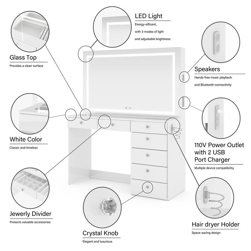 Boahaus Makeup Vanity Desk with LED Mirror & Bluetooth Speakers