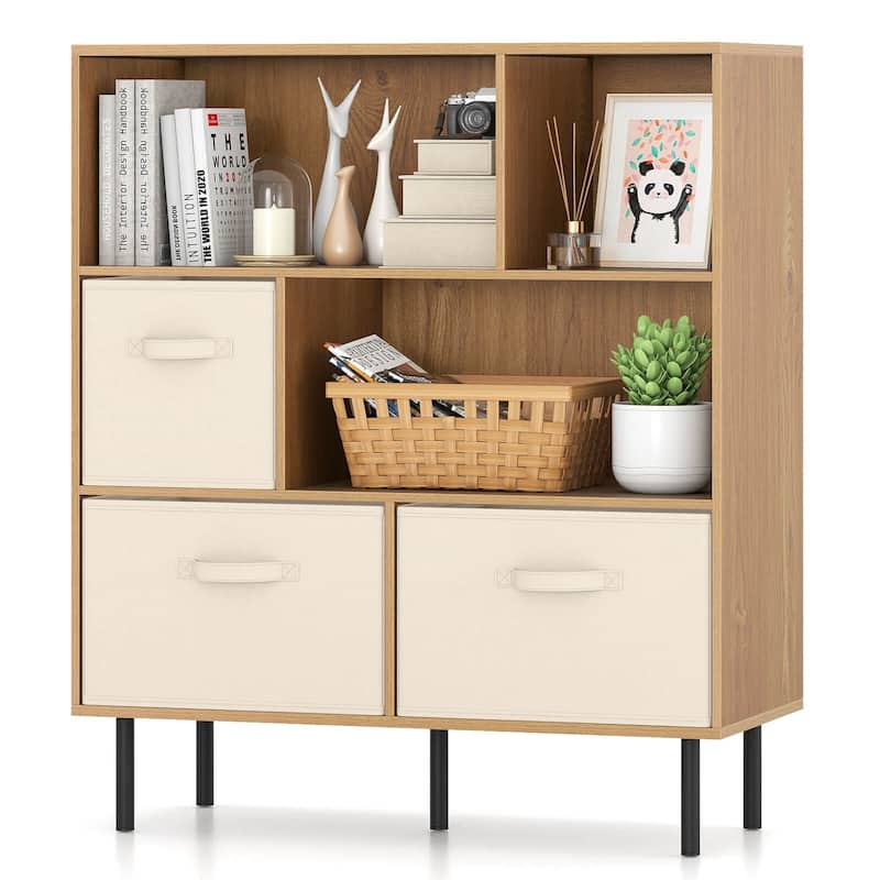 Costway 6-Cube Bookshelf with 3 Removable Folding Fabric Drawers Metal - See Details - Natural