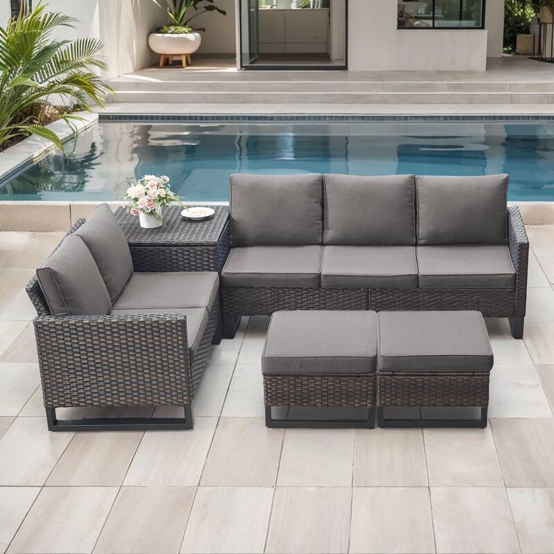 Gymojoy 5 Person All-Weather Wicker Outdoor Patio Sofa Set With Cushions And Ottoman - Brown Wicker / Gray Cusion - 5-Piece