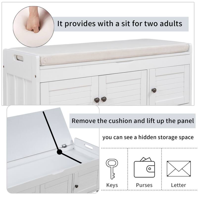 Wood Storage Ottoman Bench 43.50 Inch Entryway Shoe Bench with Adjustable Shelves, Retro Upholstered Bench for Bedroom