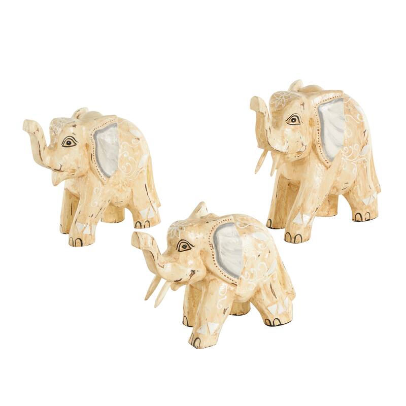 Light Brown Wood Handmade Elephant Decorative Sculpture with Scroll and Floral Patterns (Set of 3)