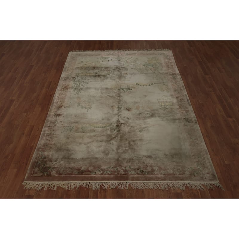 Hand Knotted Oriental Silk Carpet Traditional Pictorial Brown Art Deco Area Rug - 9' 2'' X 6' 0''