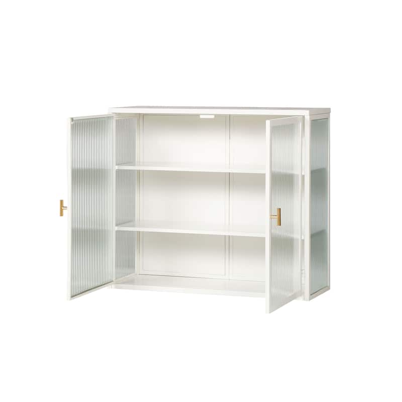 Modern White Sideboard with Fluted Tempered Glass Doors, 3-Tier Storage Cabinet for Living Room or Bedroom