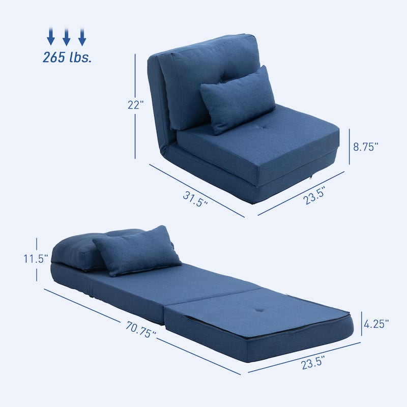 Dark Blue Linen Floor Sofa Bed 2 in 1 Adjustable Reclining Couch with Foam Cushion - 23.5" W x 31.5" D x 22" H