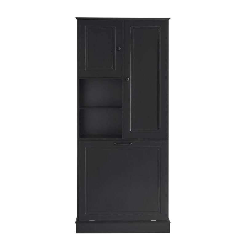 Tall Storage Cabinet with Adjustable Shelves, Large Flip-Out Basket & Enclosed Cabinets
