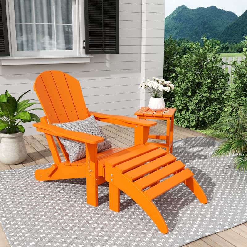 Polytrends Laguna Hdpe All Weather Outdoor Patio Foldable Adirondack Chair With Ottoman And Side Table (3-Piece Set) - Orange