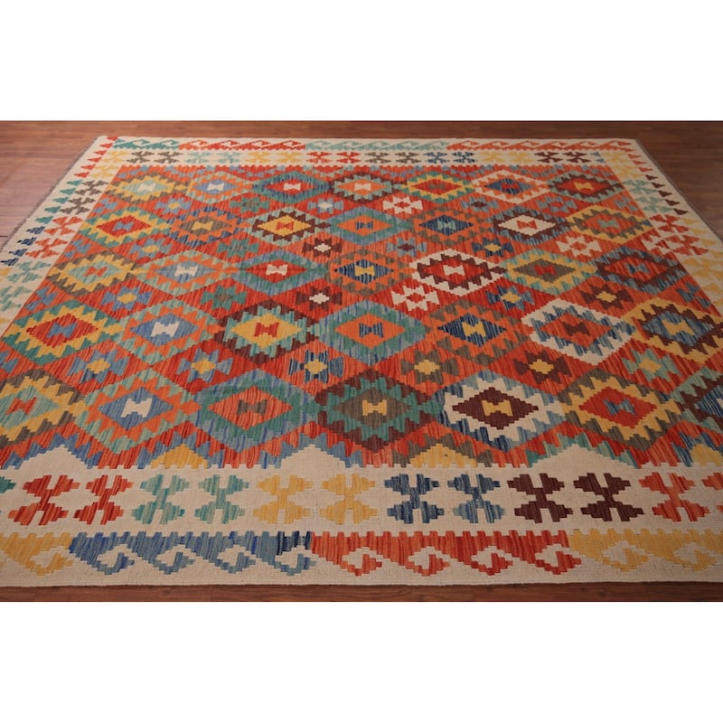 South Western Style Kilim Area Rug Flatweave Wool Carpet - 8'1" x 9'10"