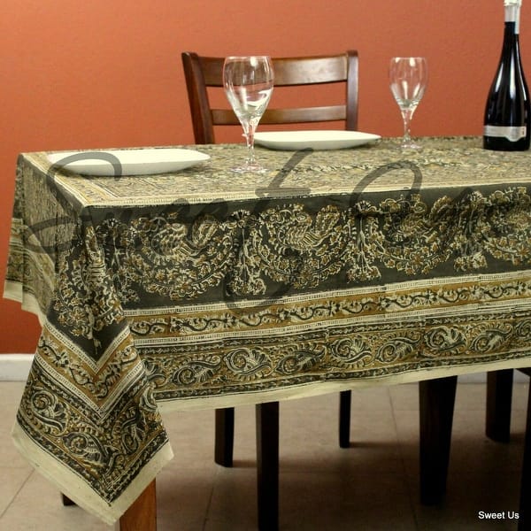 slide 2 of 6, Block Print Cotton Vegetable Dye Exotic Floral Tablecloth Rectangle
