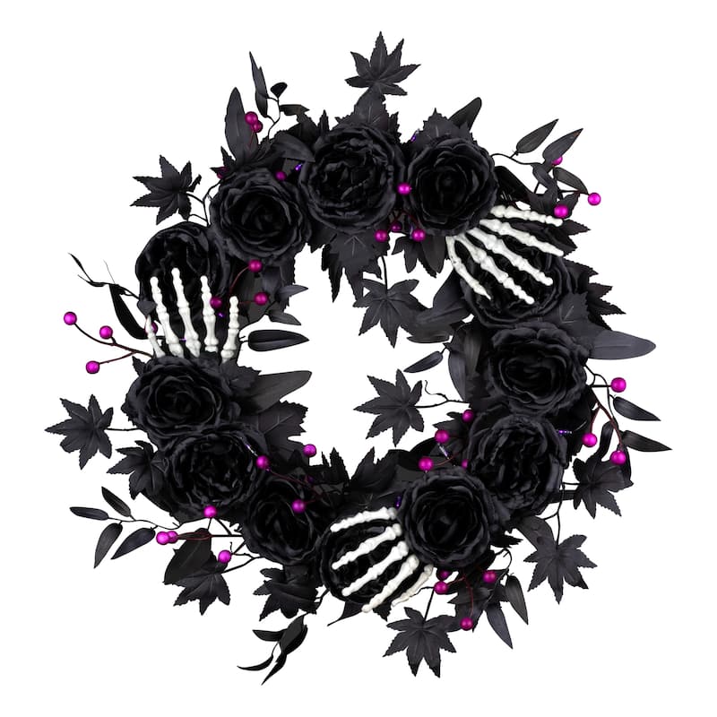 National Tree Company 24" Artificial Bad to the Bone Halloween Wreath, 30 Purple LED Lights, Battery Operated - 2 ft