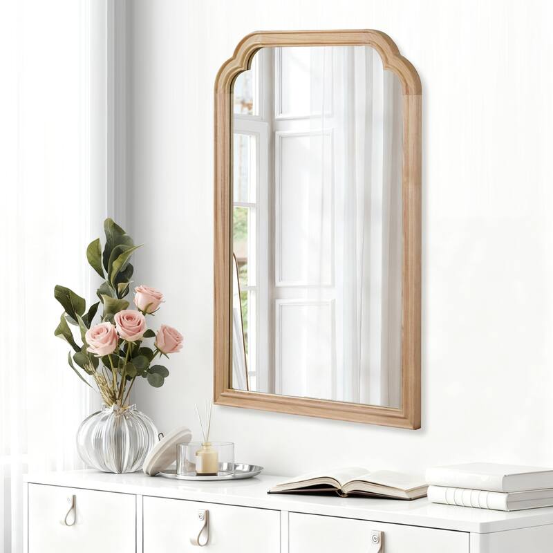Natural Wood Rounded Corner Solid Wood Decorative Mirror - Bedroom, Bathroom, Living Room - Natural Wood