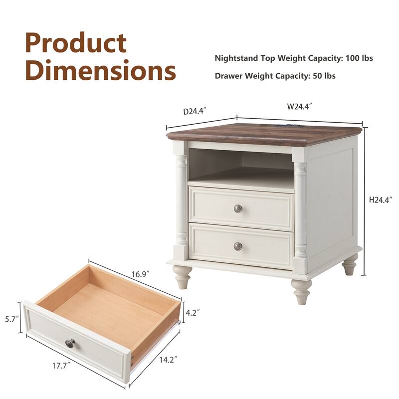 Farmhouse Nightstand Set of 2 with Solid Wood Feet, Charging Station