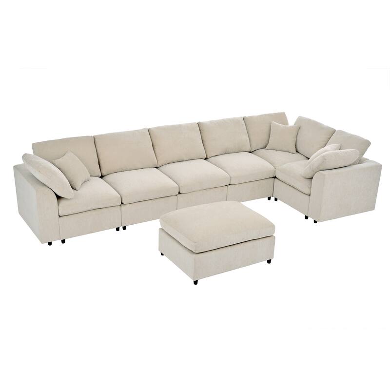 Oversized Modular Sectional Sofa, 7 Seater Corner Sofa, L-Shape Sofa Set with Movable Ottoman, Plush Chenille Fabric Large Sofa