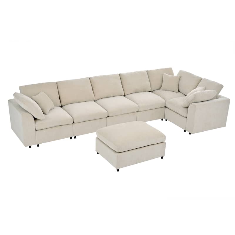 Roomfitters 124.8" 7-Seater Modular Sectional Sofa, Large Modern L-Shaped Upholstered Couch with Ottoman for Living Room, Beige