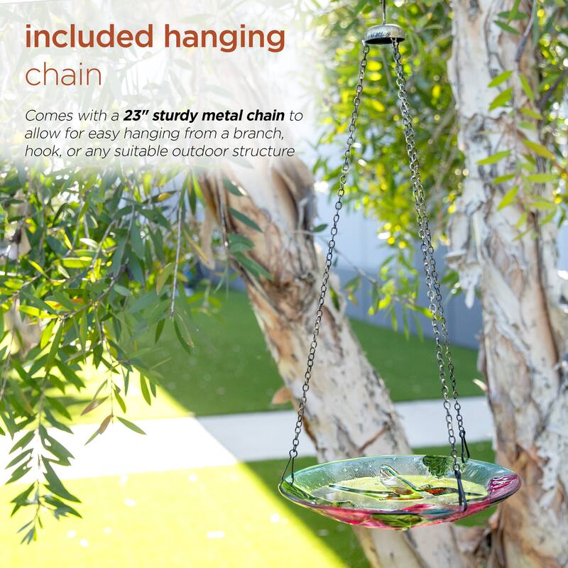 10" Glass Hanging Bird Feeder w/ Red Flowers & Hummingbird