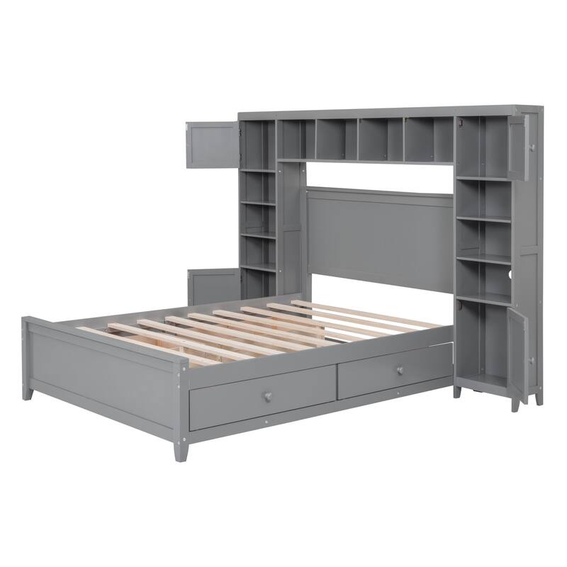 Wooden Bed with Integrated Cabinet and Shelves