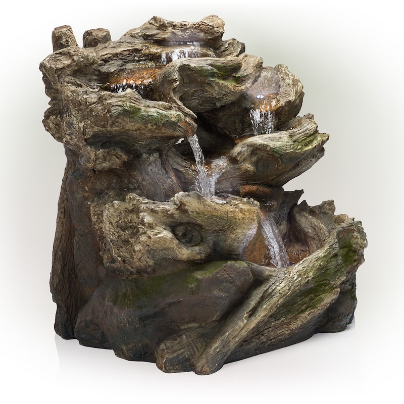 Alpine Corporation WIN256 24" Outdoor 2 Tier Fallen Tree Trunk Water Fountain with LED Lights