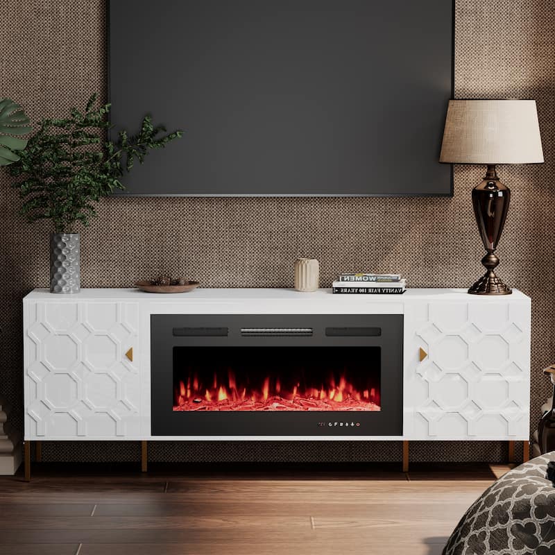 Clihome High Gloss Storage 70'' TV Stand with 36'' Electric Fireplace - White