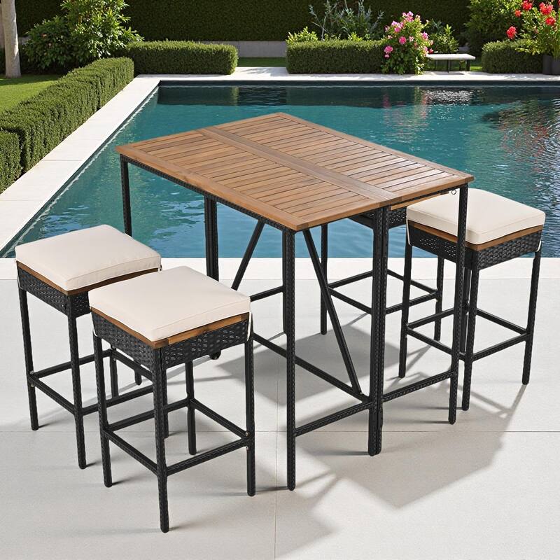 5-Piece Outdoor Patio Counter Height Foldable Dining Set with 4 Cushioned Stools, Acacia Wood Foldable Table - Acacia Wood