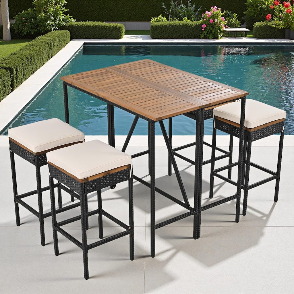 5-Piece Outdoor Patio Counter Height Foldable Dining Set with 4 Cushioned Stools, Acacia Wood Foldable Table