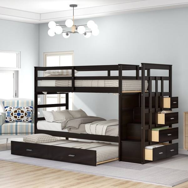 slide 2 of 9, Concise & Elegant Solid Wood Bunk Bed, Twin Over Twin Bunk Bed with Trundle and Staircase, Easy Assembly Espresso - Twin
