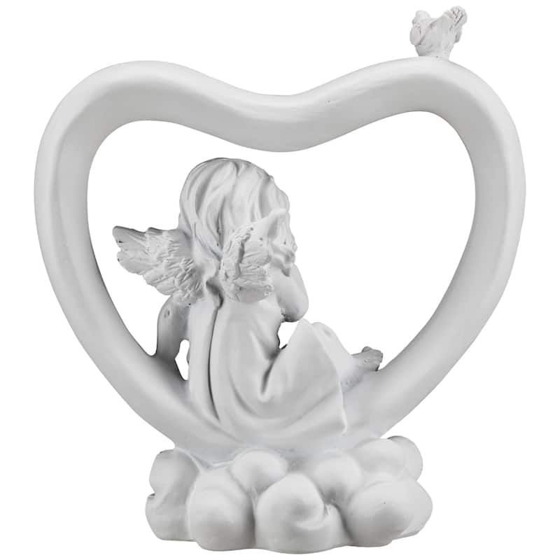 Cherub Heart with Bird Decoration - 7" - White