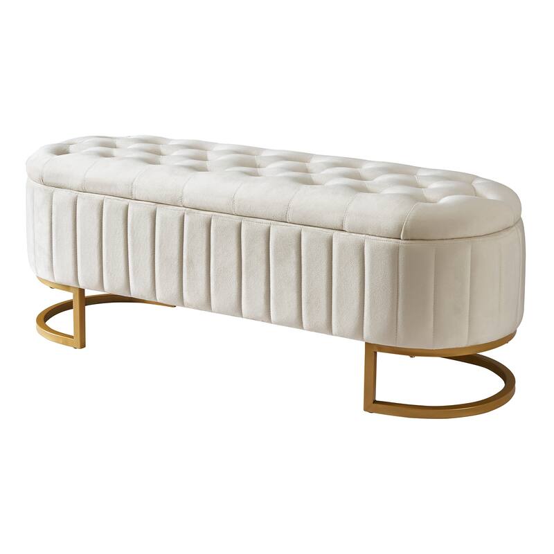 Elegant Velvet Storage Ottoman with Button-Tufted Top, Metal Legs - Beige