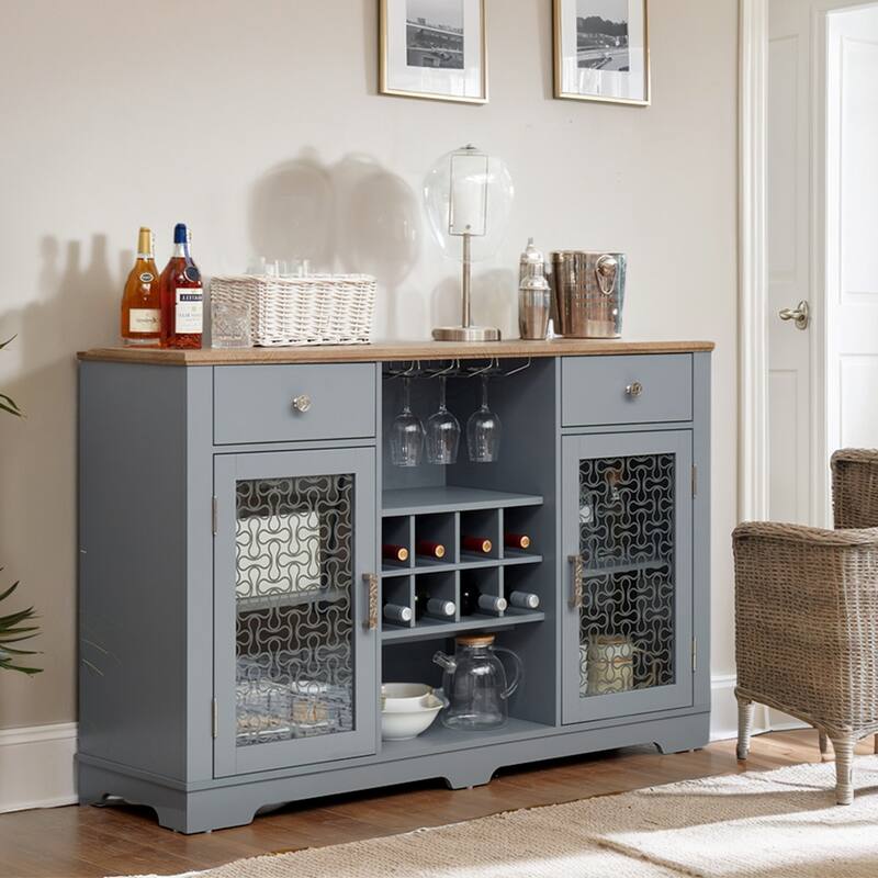 56''W Farmhouse Sideboard Buffet Bar Cabinet Modern Storage Cabinet with 2 Drawers & Glass Door - 56.46"W