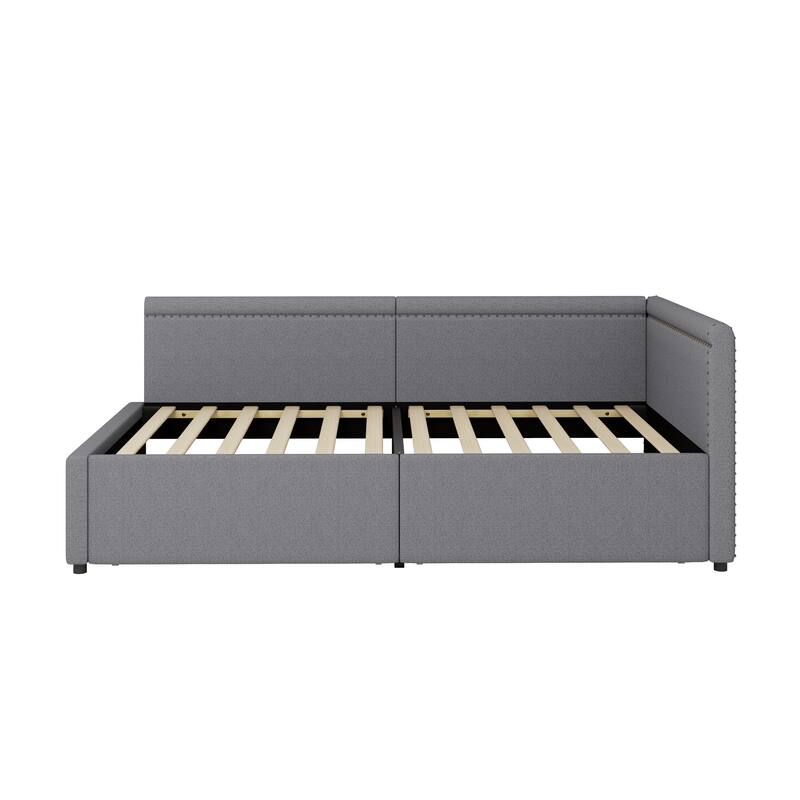 Modern Style Twin Size L Shape Corner Bed, Linen Upholstered Daybed with Two Storage Drawers,Gray