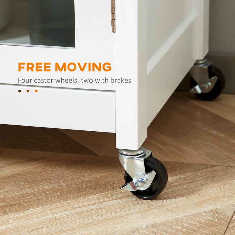 Rolling Cart with Drawer and Glass Door, Kitchen Island with Adjustable Shelf, Kitchen Cabinet with Towel Rack