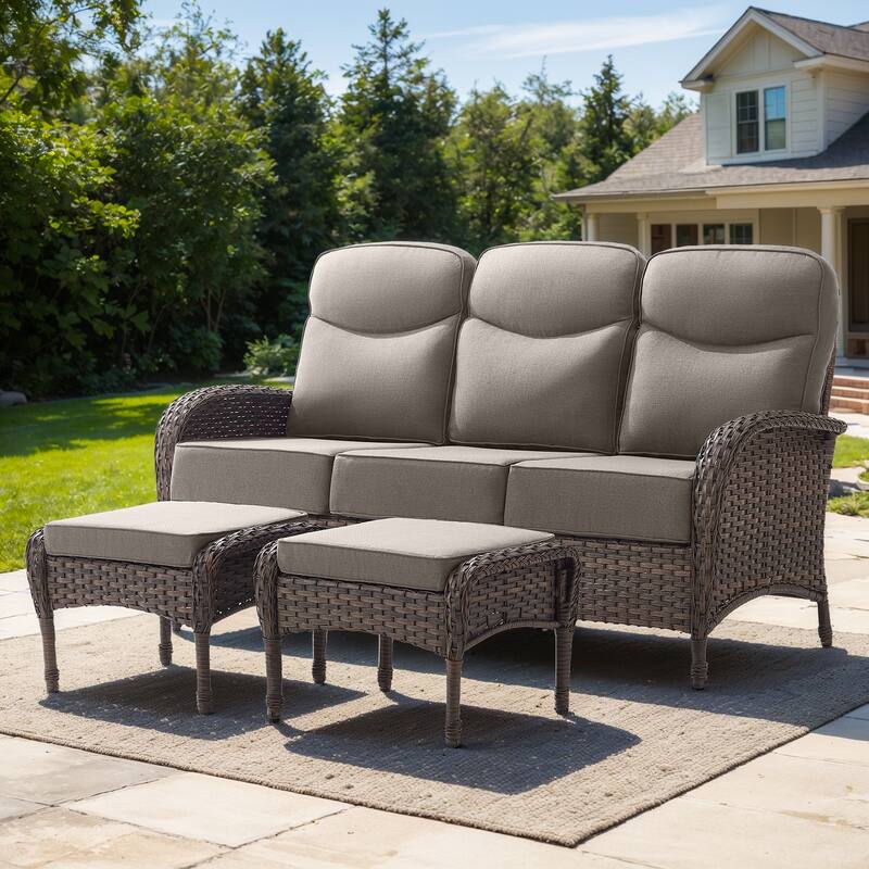 Pocassy Outdoor Wicker Patio Sofa with Swivel Chair Ottoman Sets - Brown Wicker Gray Cushion - 3-Piece Sofa with Ottoman