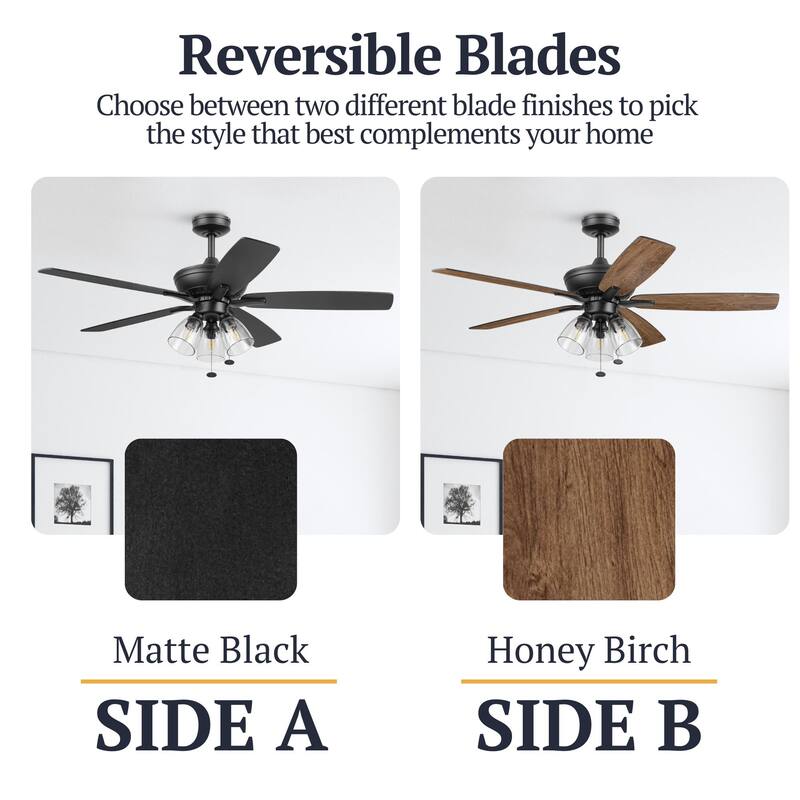 Prominence Home 52" Glenmont Indoor Matte Black Ceiling Fan with Light & Pull Chain - 52 Inches