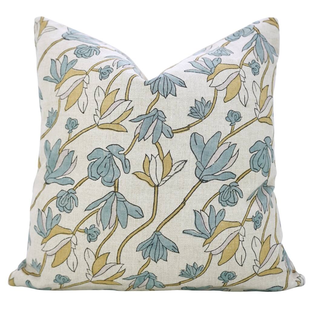 Fabdivine Eco Block Print Floral Cushion Cover for Living Room or Chair, Rustic Soft Linen Pillowcase 14x36 Inch, Shivri
