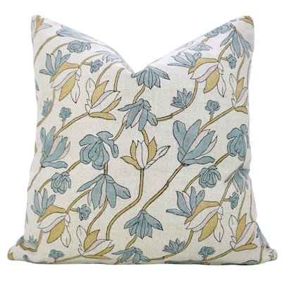 Fabdivine Eco Block Print Floral Cushion Cover for Living Room or Chair, Rustic Soft Linen Pillowcase 18x18 Inch, Shivri