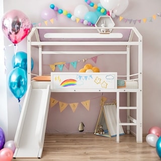 Twin Size Metal House Bed Loft Bed With Slide and Two-sided Writable Wooden Board,Solid Construction