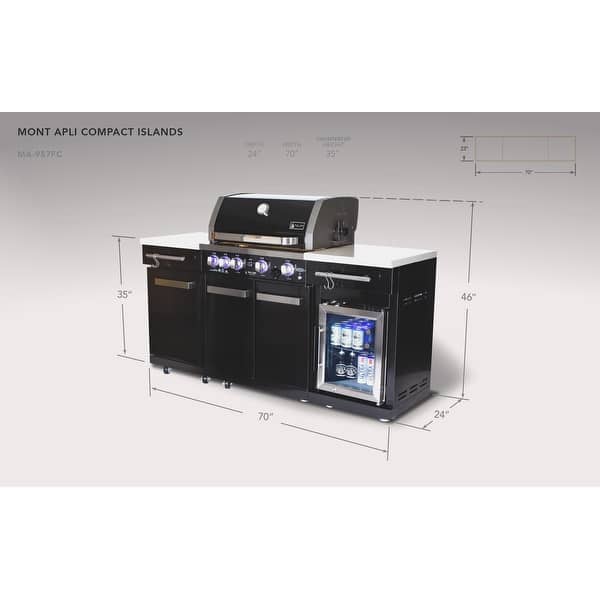 Mont Alpi MA-957FC 5-Burner 32-inch 63000 BTU Black Stainless Steel Compact Outdoor Kitchen Island Gas Grill + Fridge Cabinet