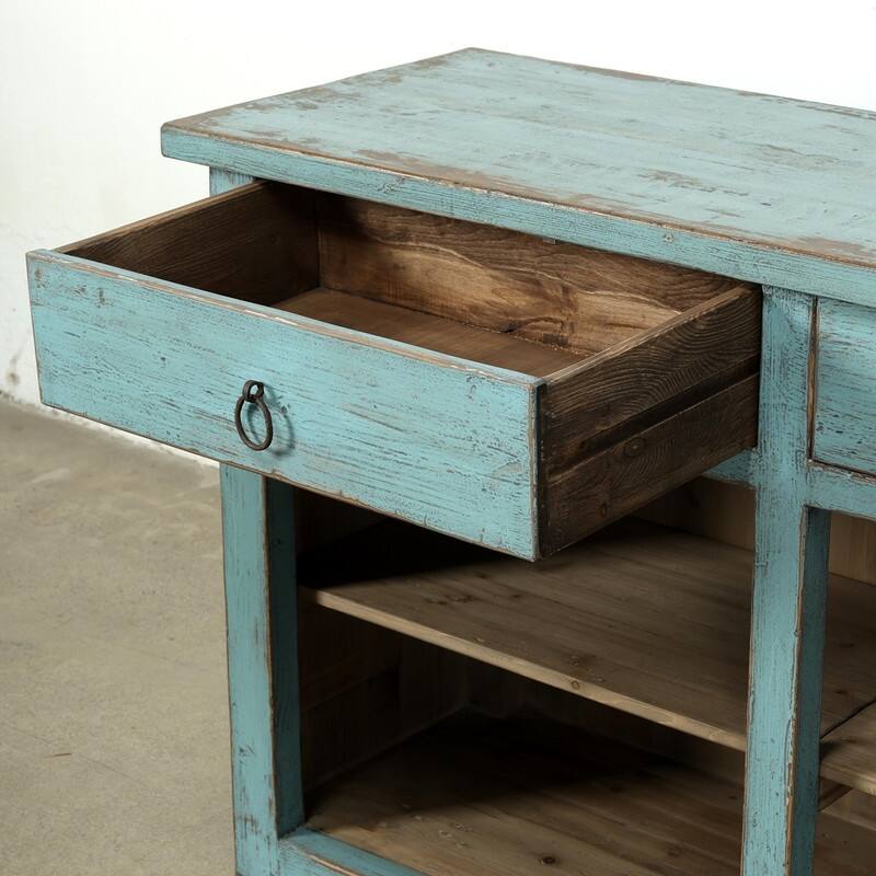 Approx. 91 Inches Wide Counter Table with Three Drawers Distressed Blue